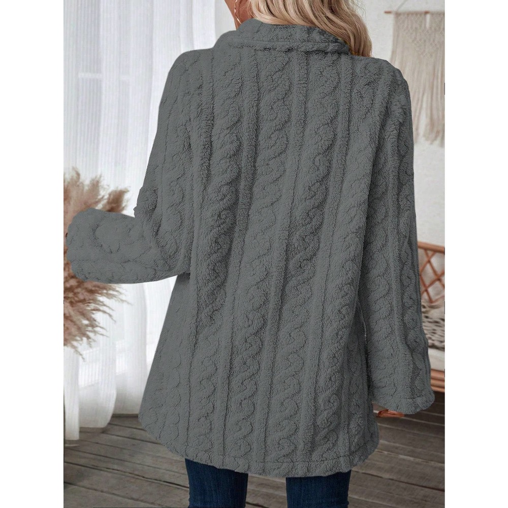 minimalist Double Breasted Lapel collar ribbed knit teddy Coat - Picture 8 of 11